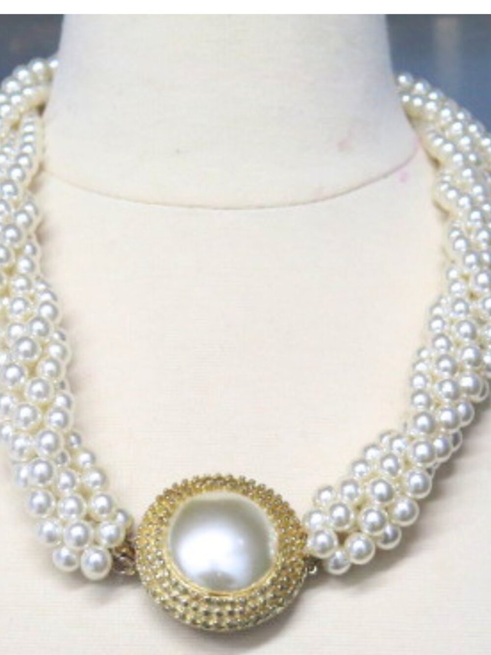 Vintage Estate Multi Strand Faux Pearl Statement Necklace Gold Tone Large Pearl